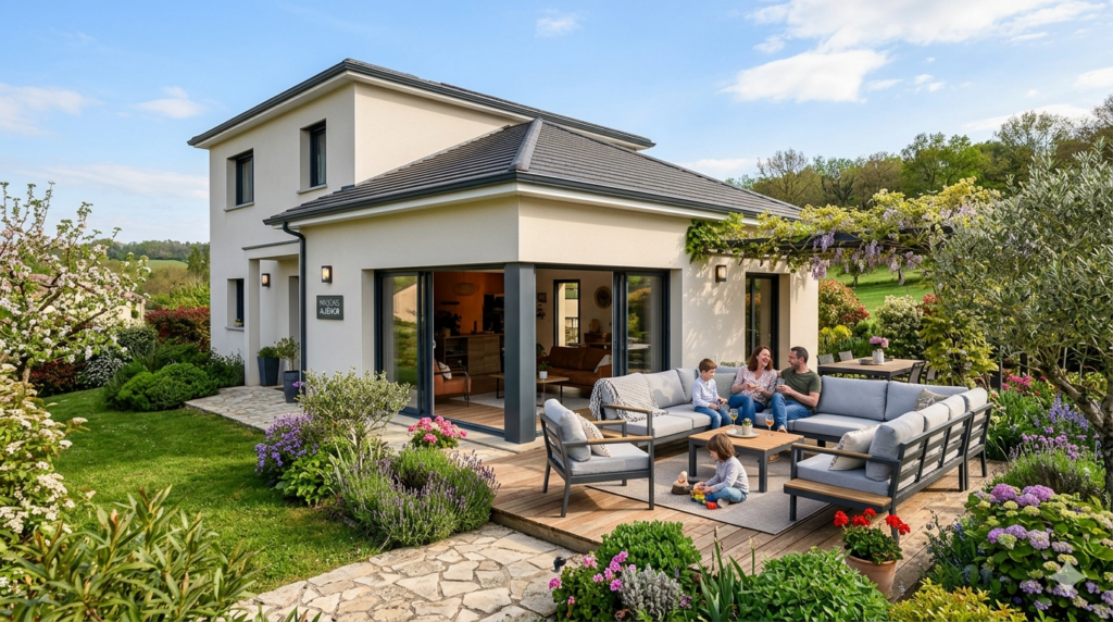 Famille profitant d'un salon de jardin résistant aux intempéries sur la terrasse en bois d'une maison neuve construite par Maisons Aliénor en Dordogne.