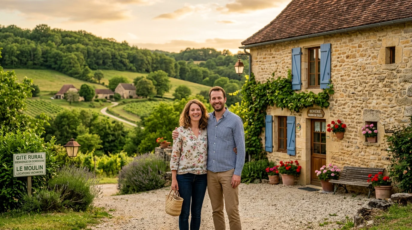 Couple souriant devant une maison en pierre dans la campagne de Dordogne