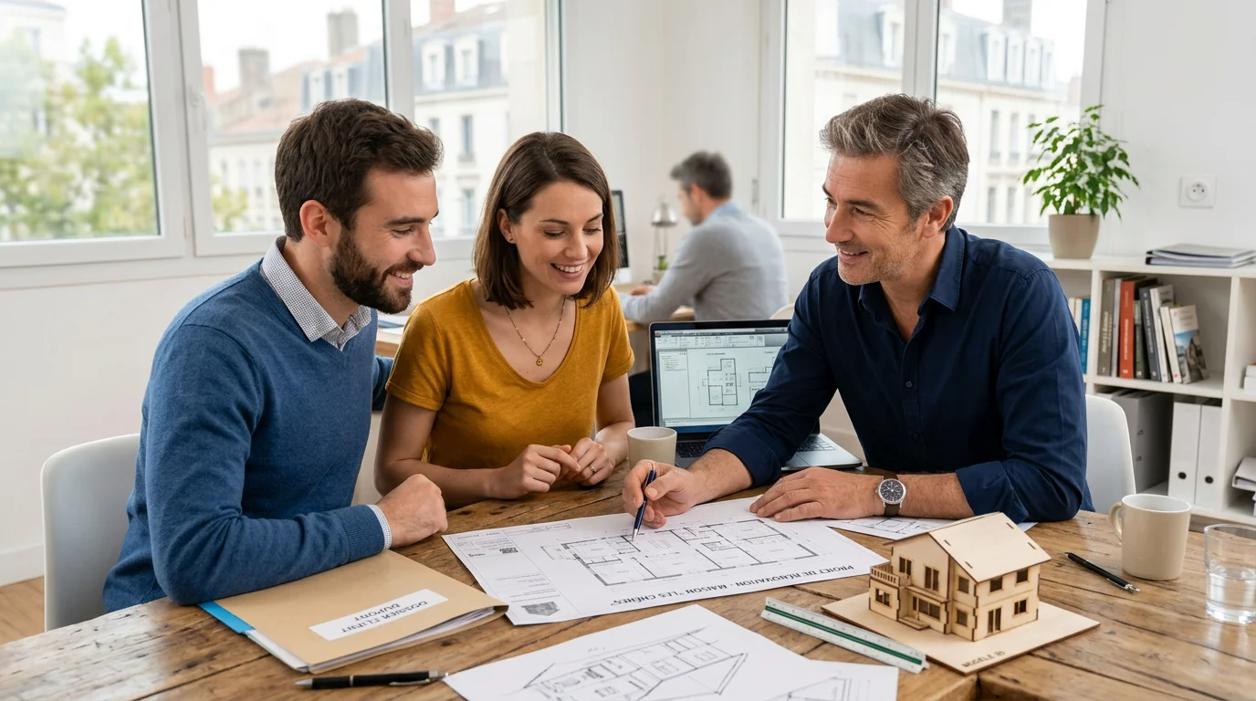 Architecte et couple étudiant les plans d'une maison neuve en Dordogne