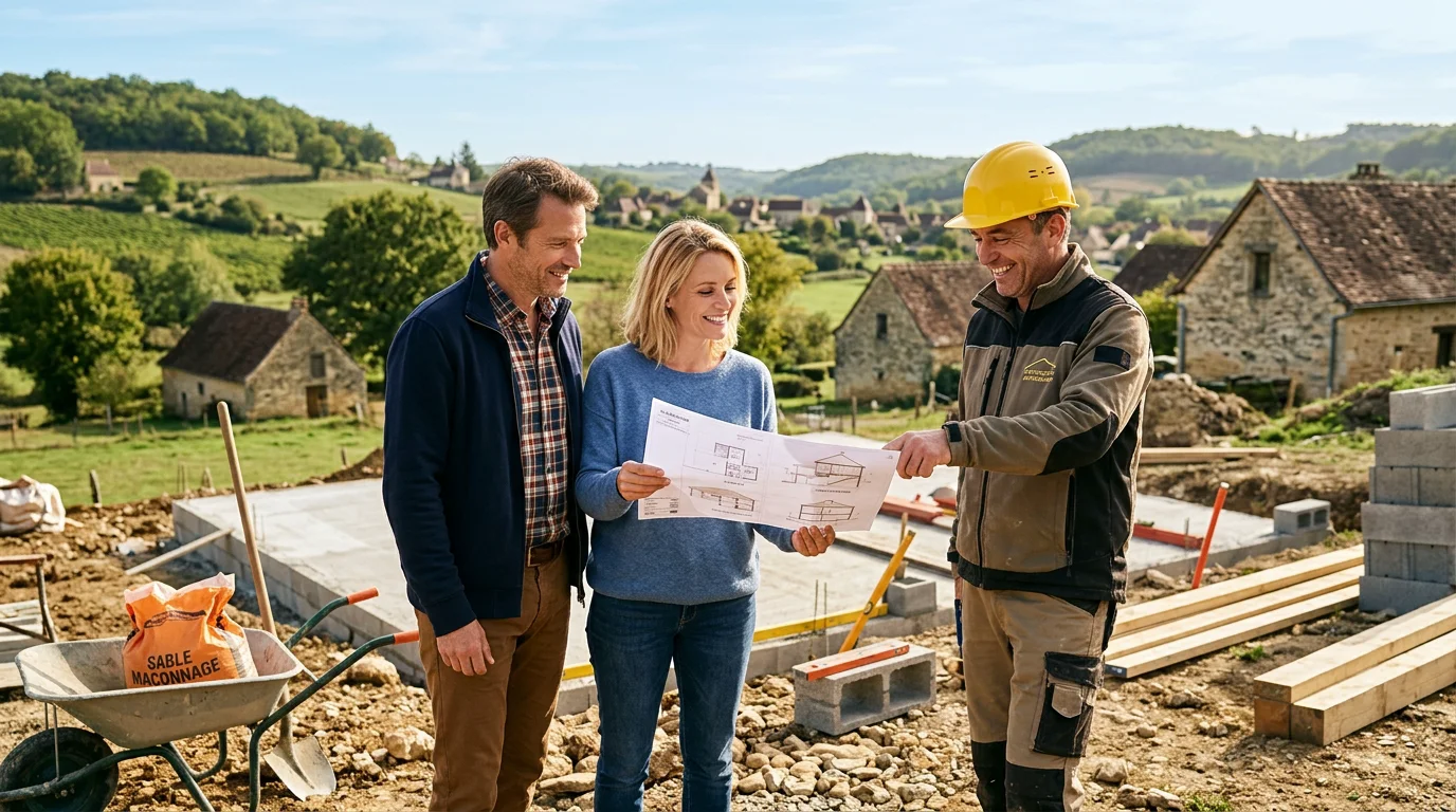 Un couple européen examine des plans de maison avec un constructeur sur un terrain en Dordogne