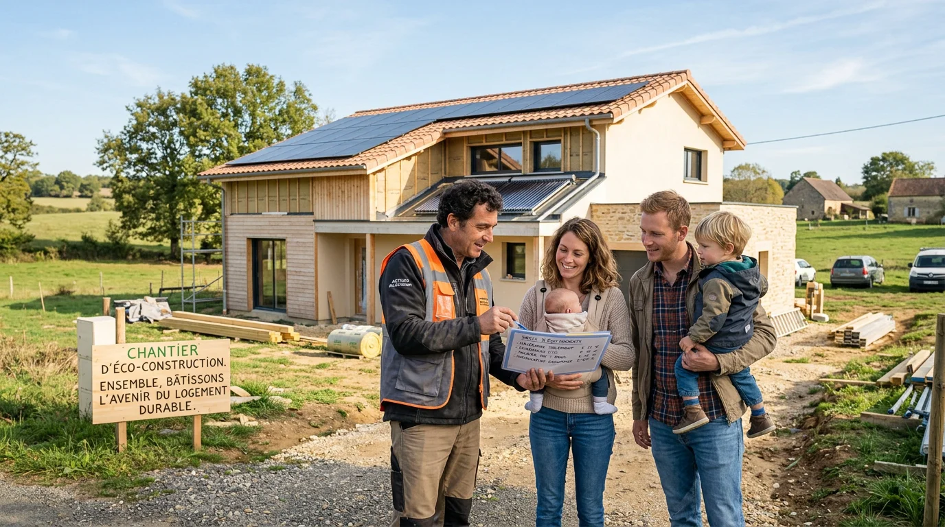 Une famille européenne consulte son budget devant une maison neuve basse consommation en France