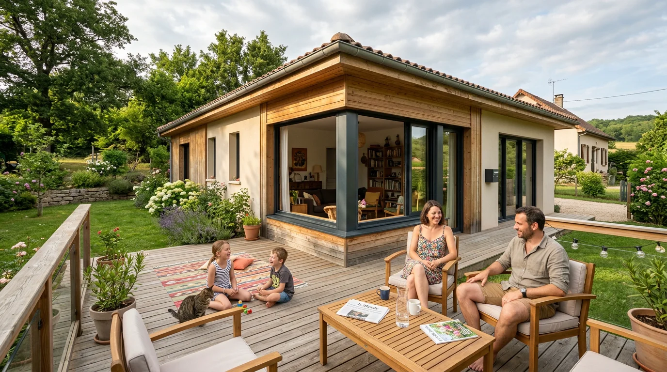 Maison individuelle moderne en forme de L ouverte sur le jardin