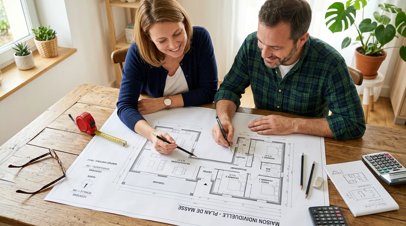 Couple étudiant le plan d'une maison en L sur une table