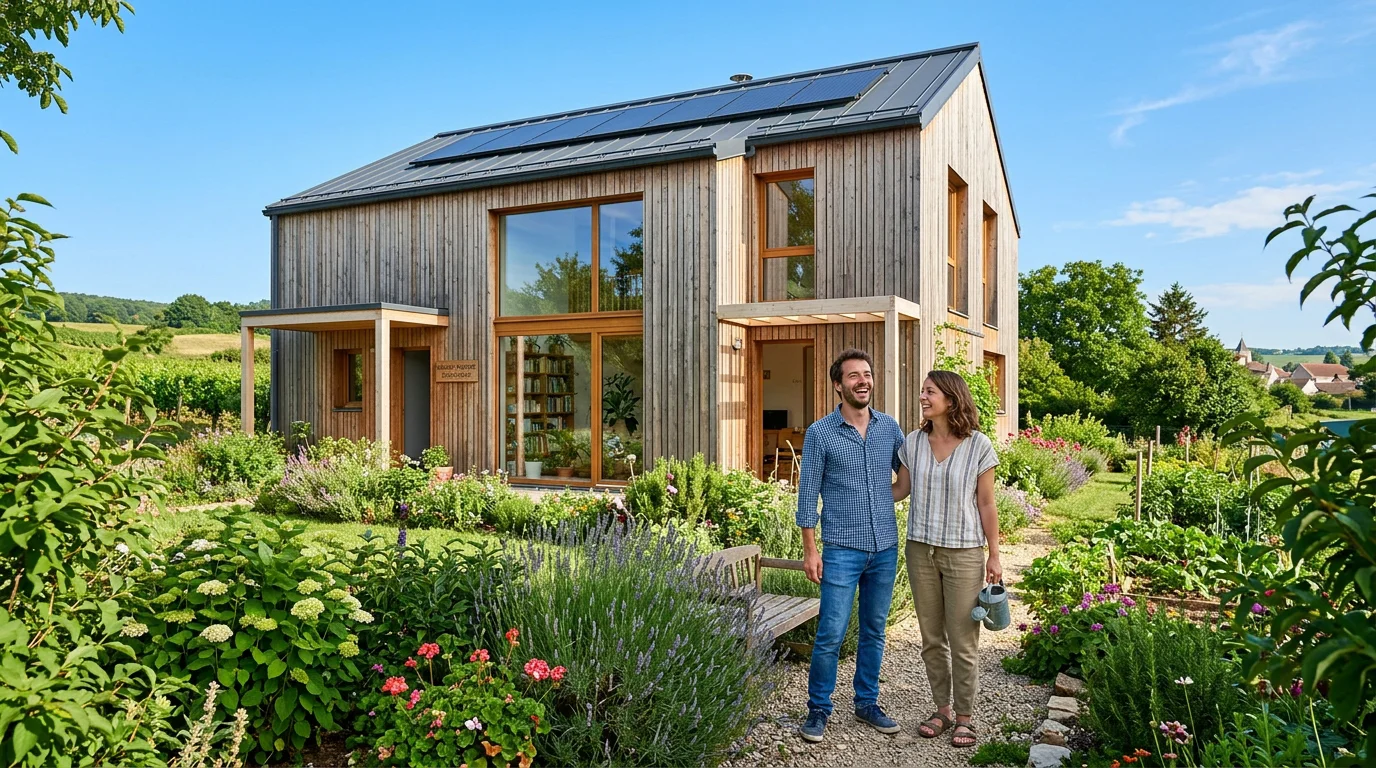 Maison passive contemporaine avec grandes baies vitrées orientées sud et couple européen dans le jardin