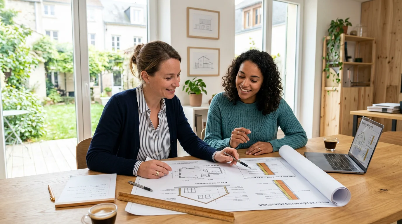 Architecte et futur propriétaire européens étudiant les plans d'une maison passive