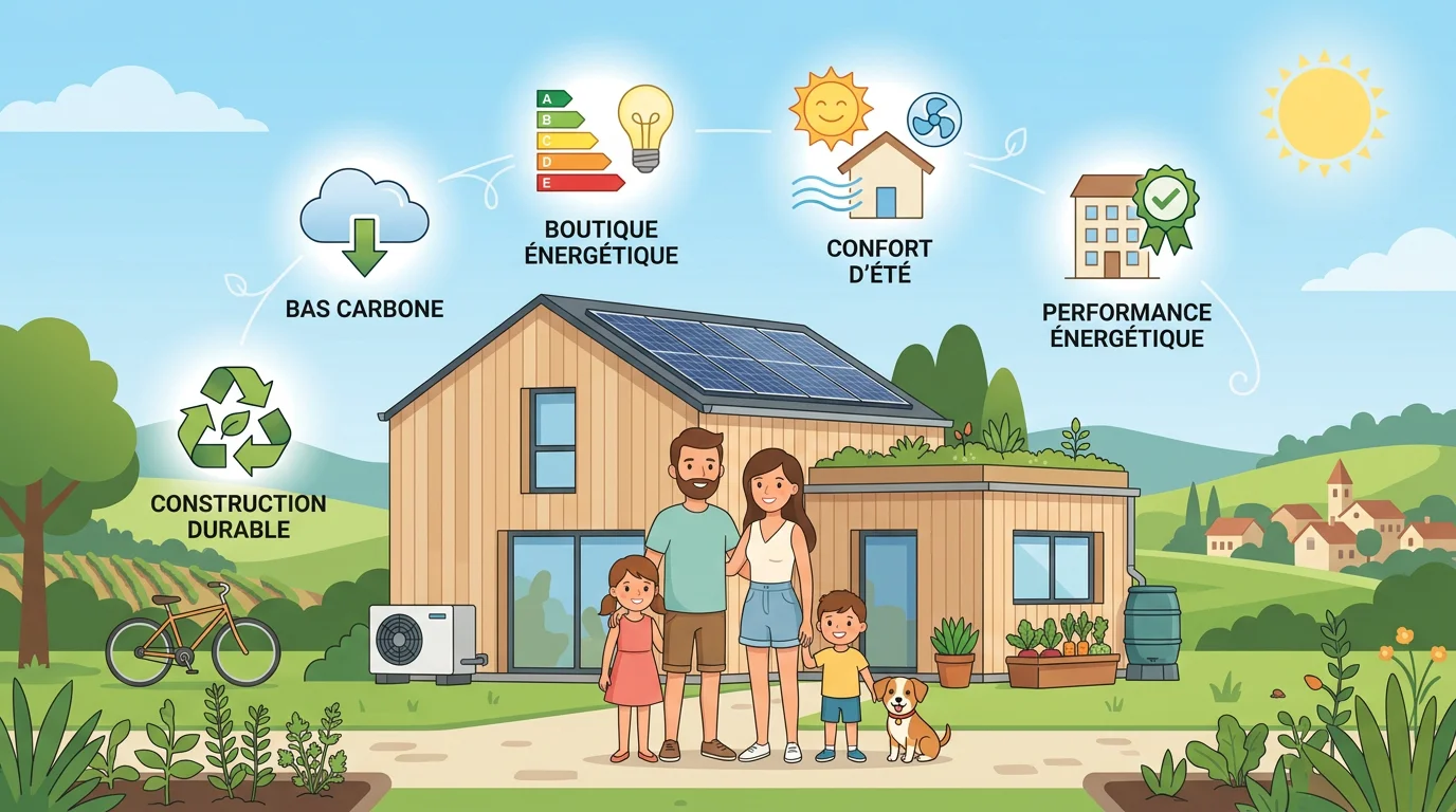 Illustration d'une famille européenne devant une maison neuve conforme à la RE2020