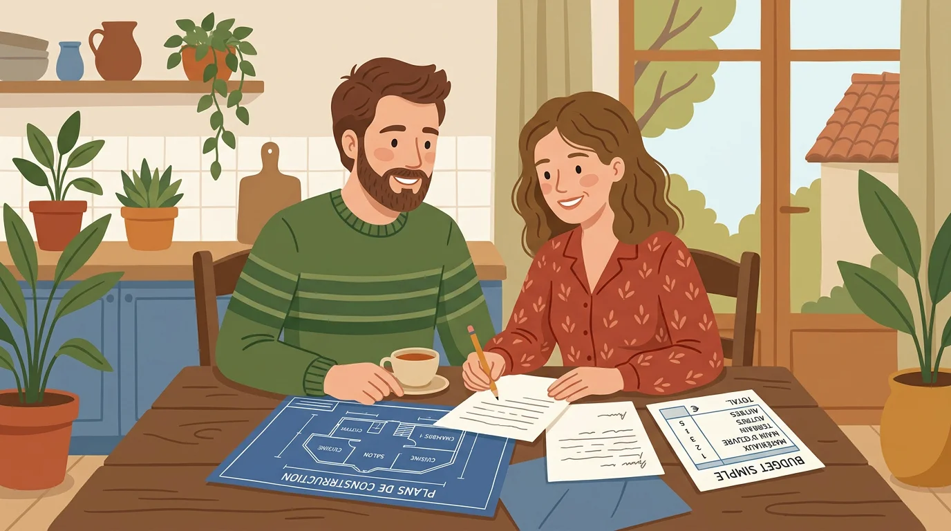 Illustration d'un couple européen étudiant le budget de construction de sa maison RE2020