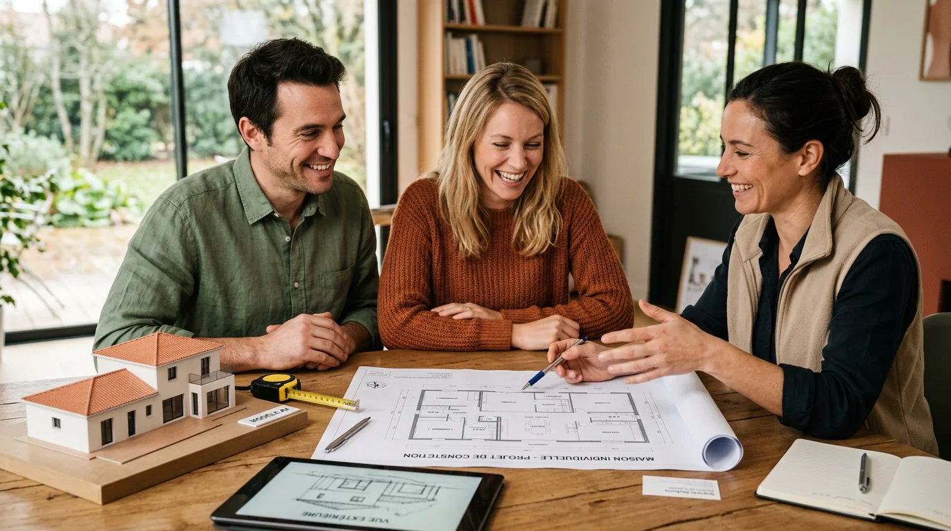 Un couple européen consulte les plans de sa future maison avec un constructeur