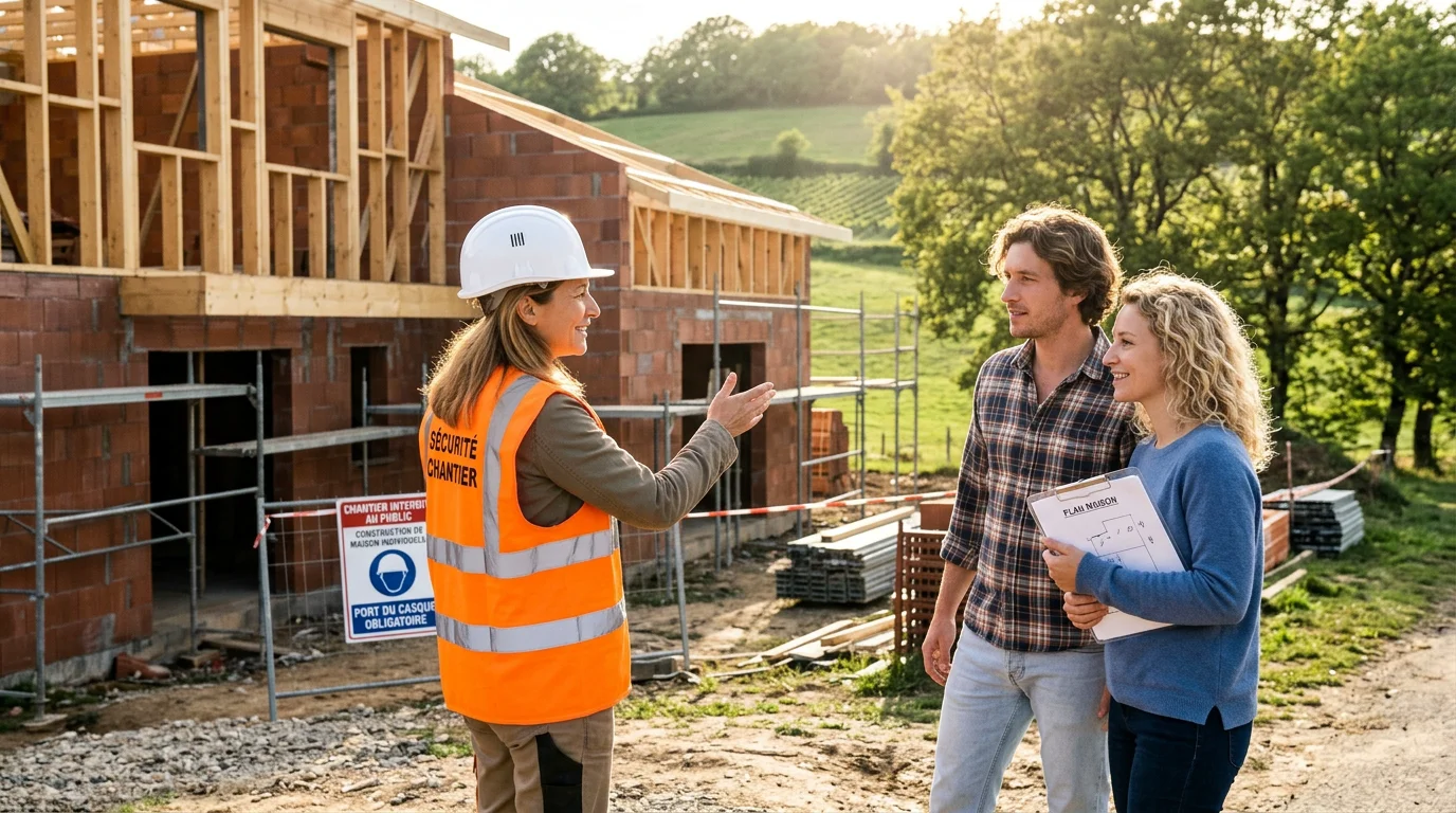 Un conducteur de travaux présente un chantier de maison neuve à un couple