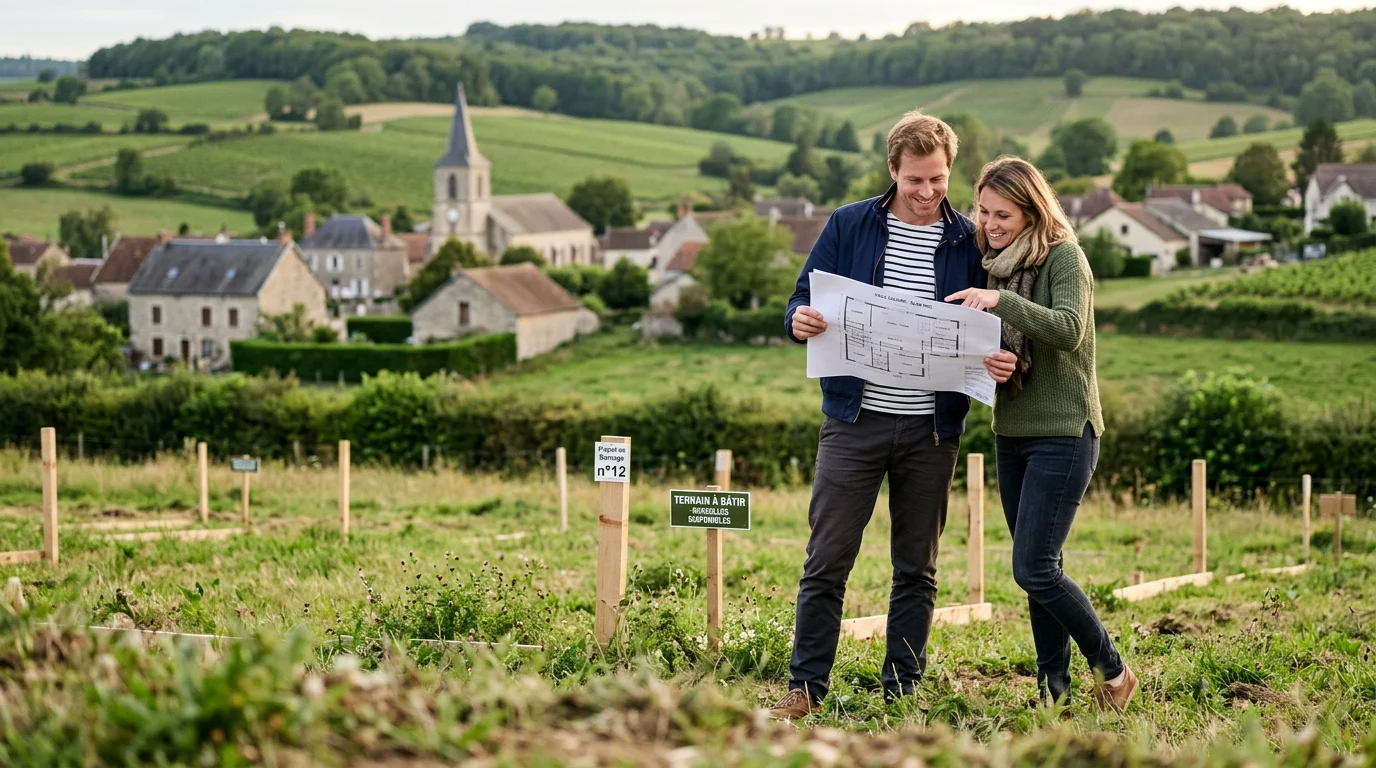 Couple visitant un terrain à bâtir près de Périgueux