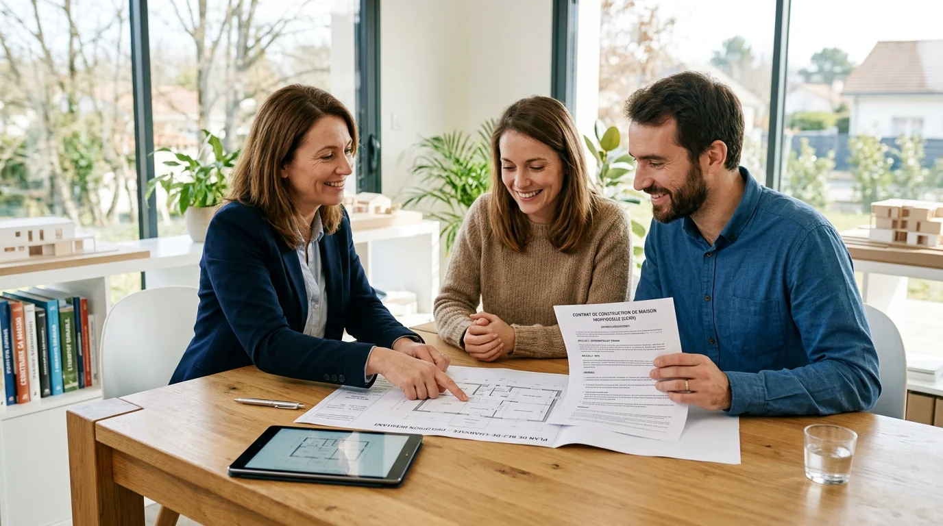 Un couple examine un contrat de construction avec un constructeur