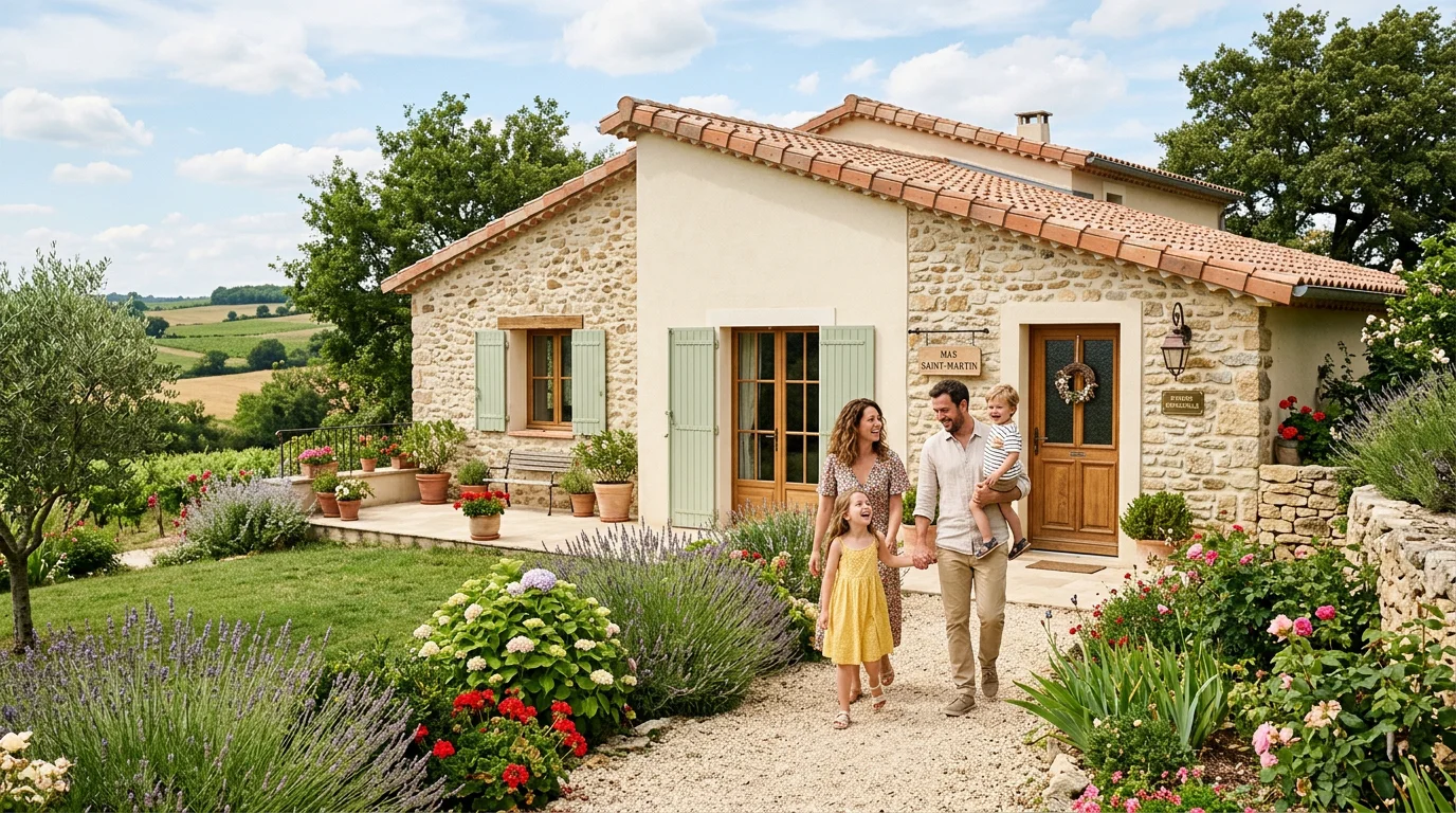 Une famille devant sa maison neuve à la campagne