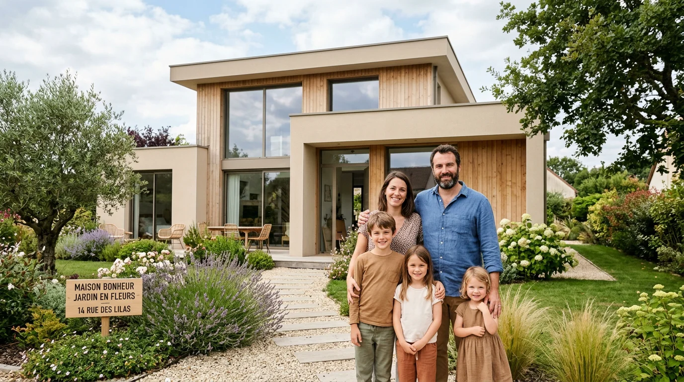 Maison moderne contemporaine avec baies vitrées et famille européenne devant