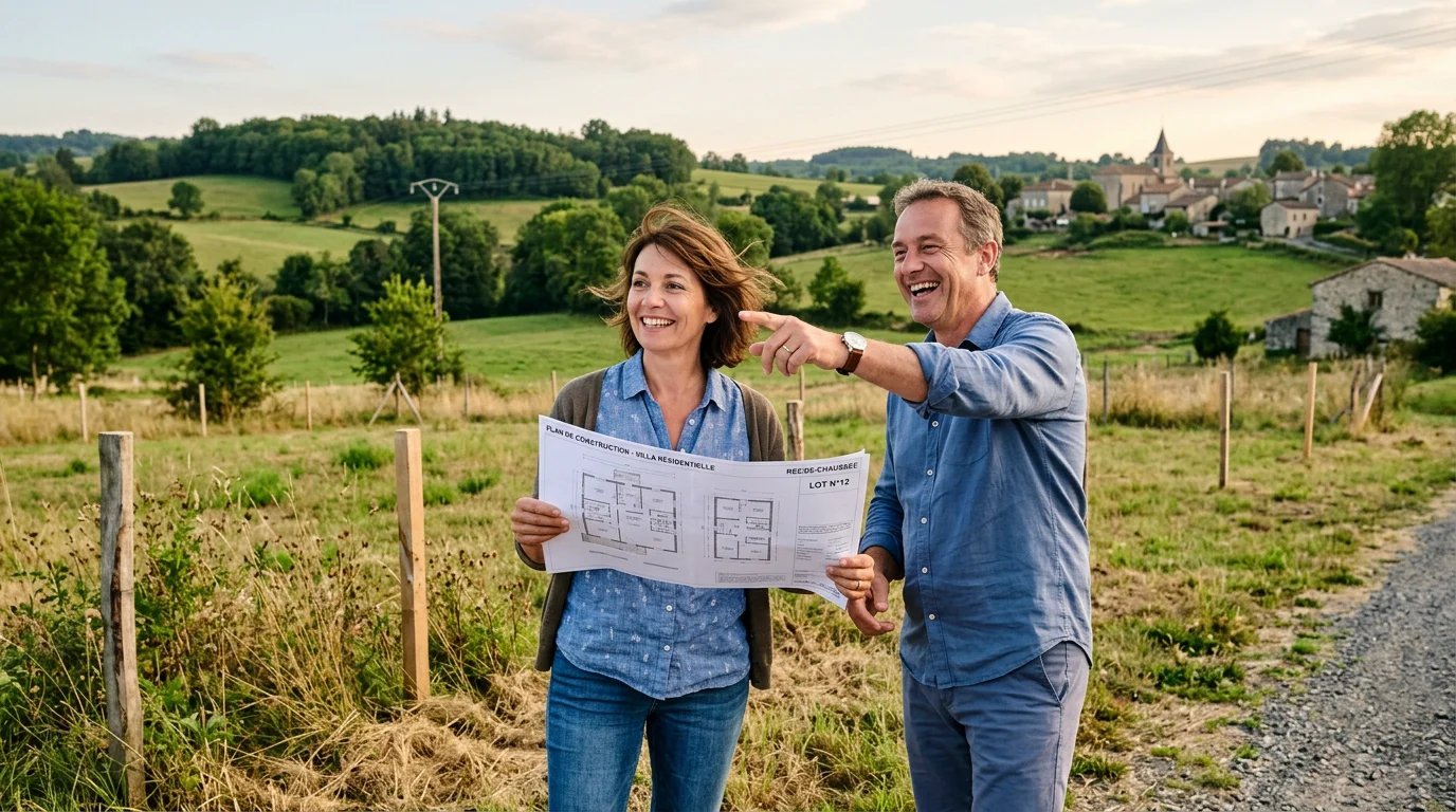 Couple européen visitant un terrain constructible avec des plans de maison