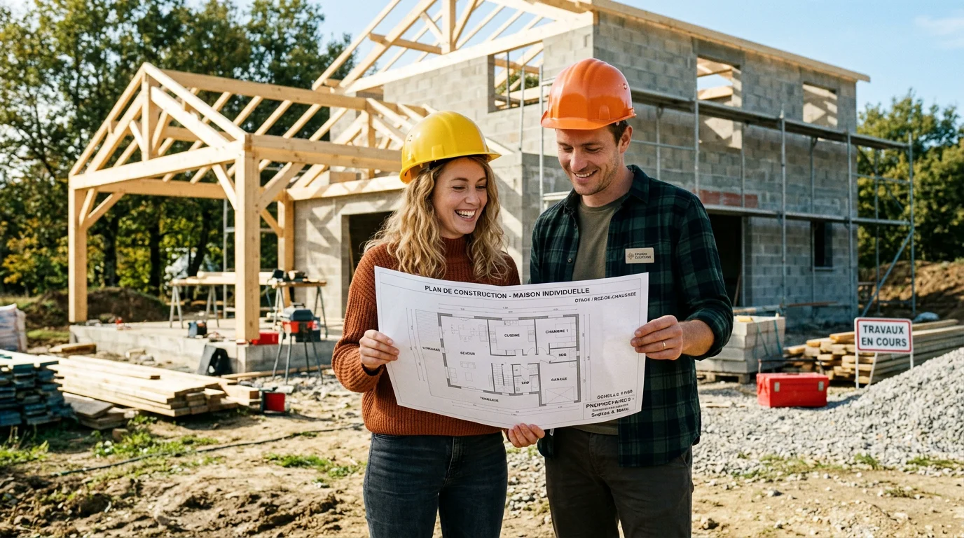 Un couple européen consulte les plans de sa maison neuve sur un chantier