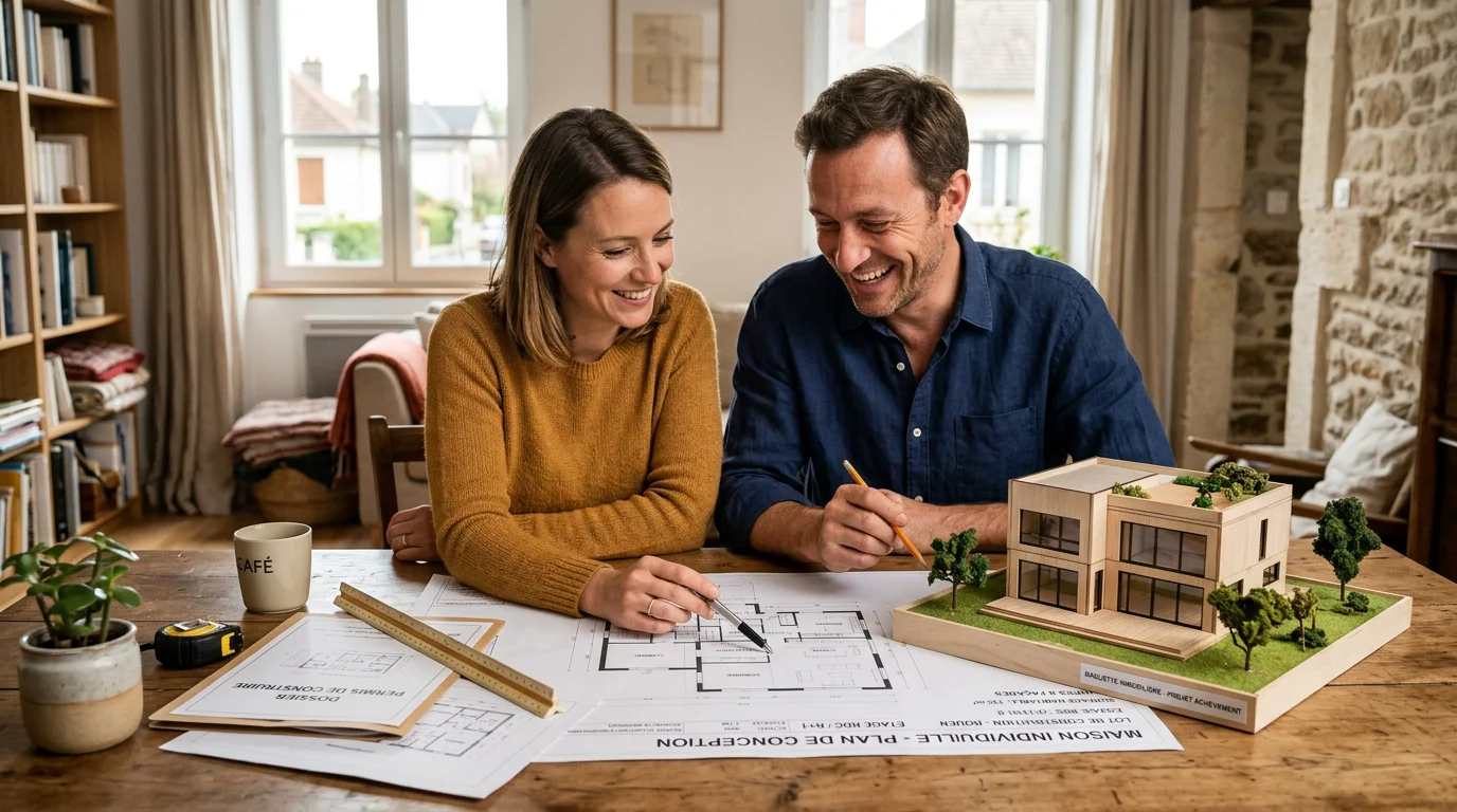 Couple européen étudiant les plans d'une maison neuve avec garage et suite parentale