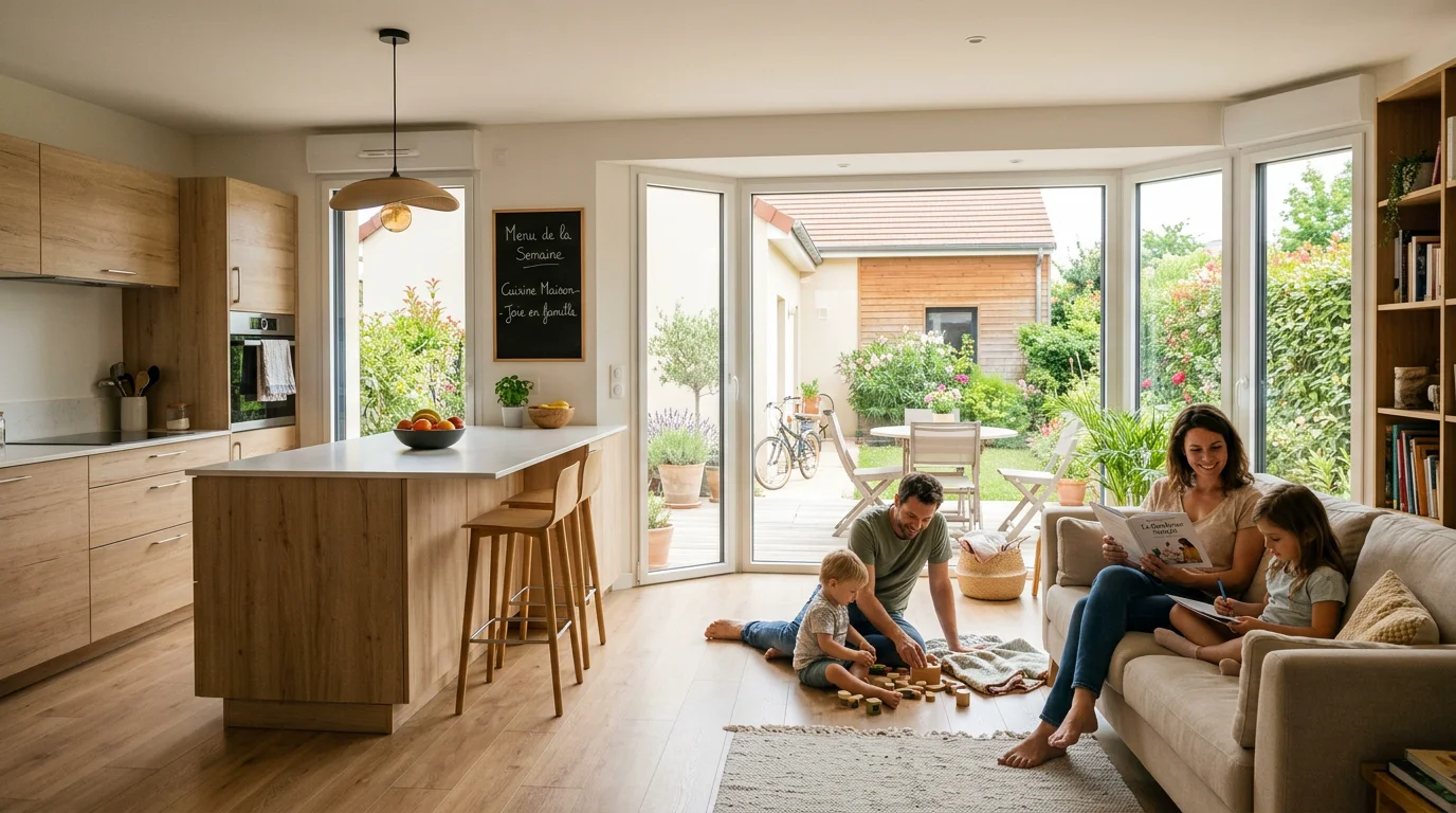 Grande pièce de vie lumineuse ouverte sur la cuisine dans une maison neuve