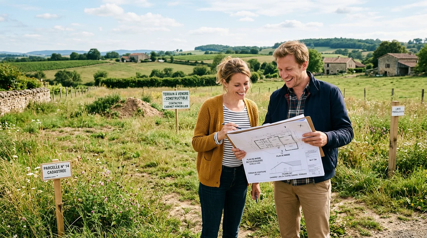 Un couple examine des plans sur un terrain constructible en France