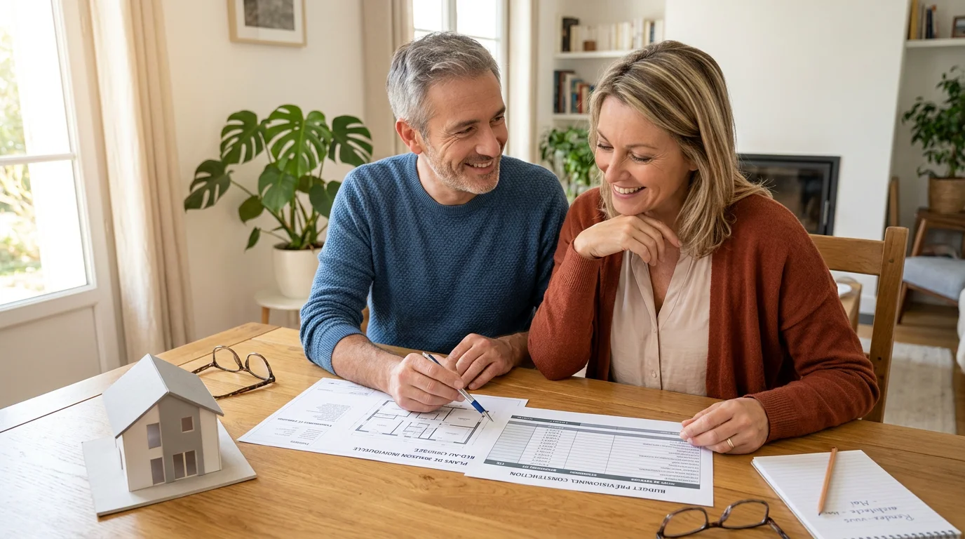 Couple européen étudiant le budget de construction de sa future maison