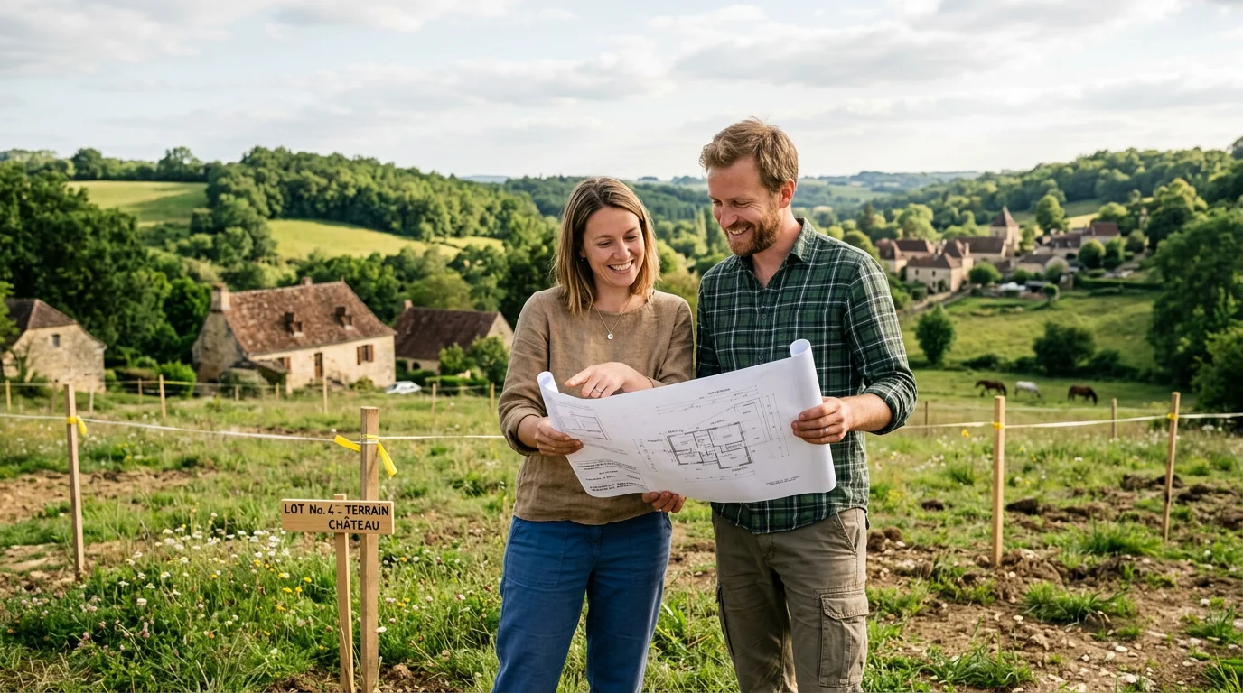 Couple européen visitant un terrain constructible dans la campagne du Périgord Noir
