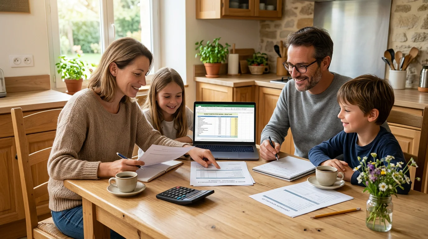 Famille européenne calculant le budget de construction de sa maison neuve