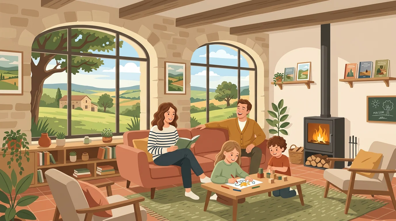 Illustration d'un séjour familial lumineux dans une maison neuve en Dordogne