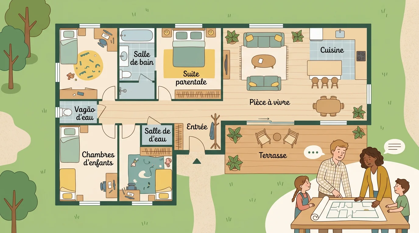 Illustration d'un plan de maison familiale en L avec zones jour et nuit