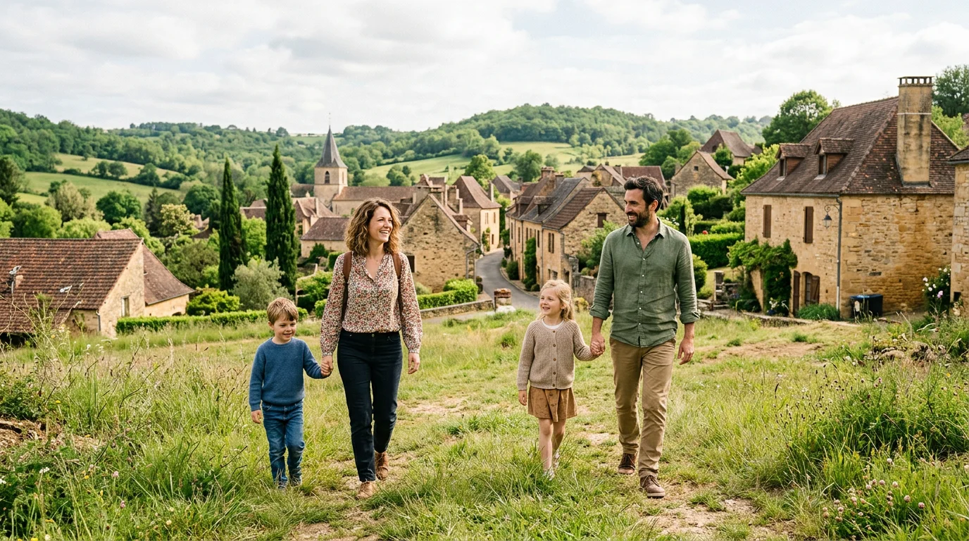 Une famille européenne visite un terrain constructible à la périphérie de Périgueux