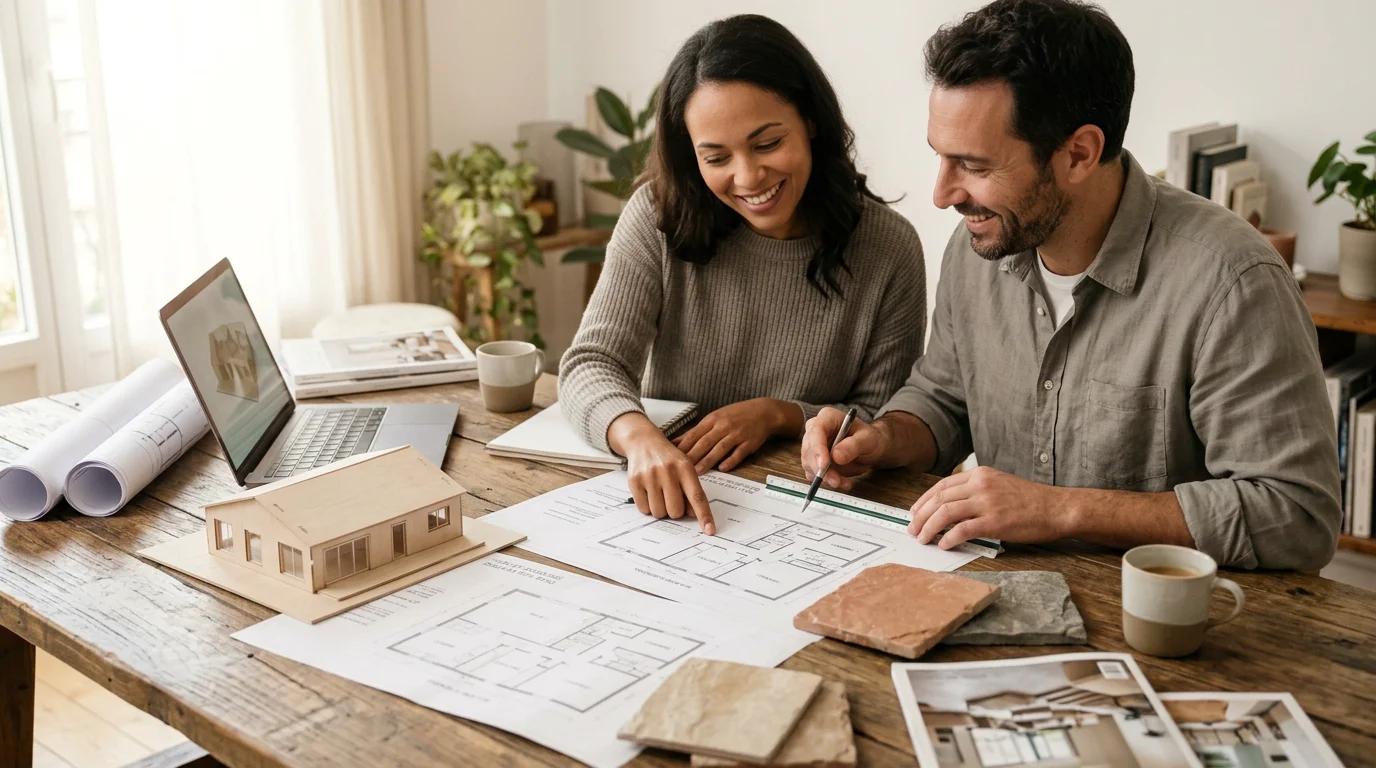 Couple étudiant les plans d'une maison de plain-pied avec un conseiller