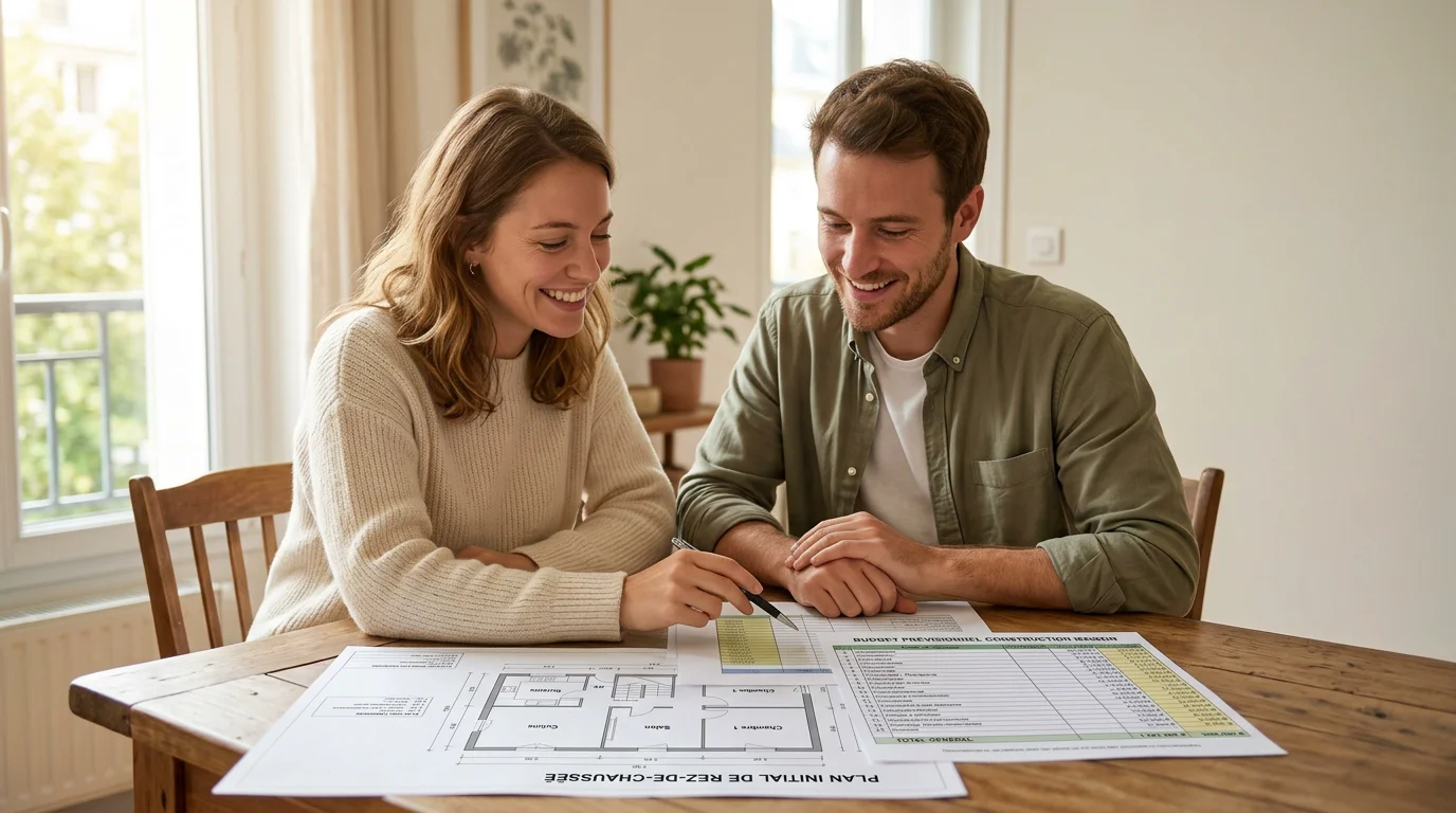 Couple européen étudiant les plans et le budget de sa future maison individuelle