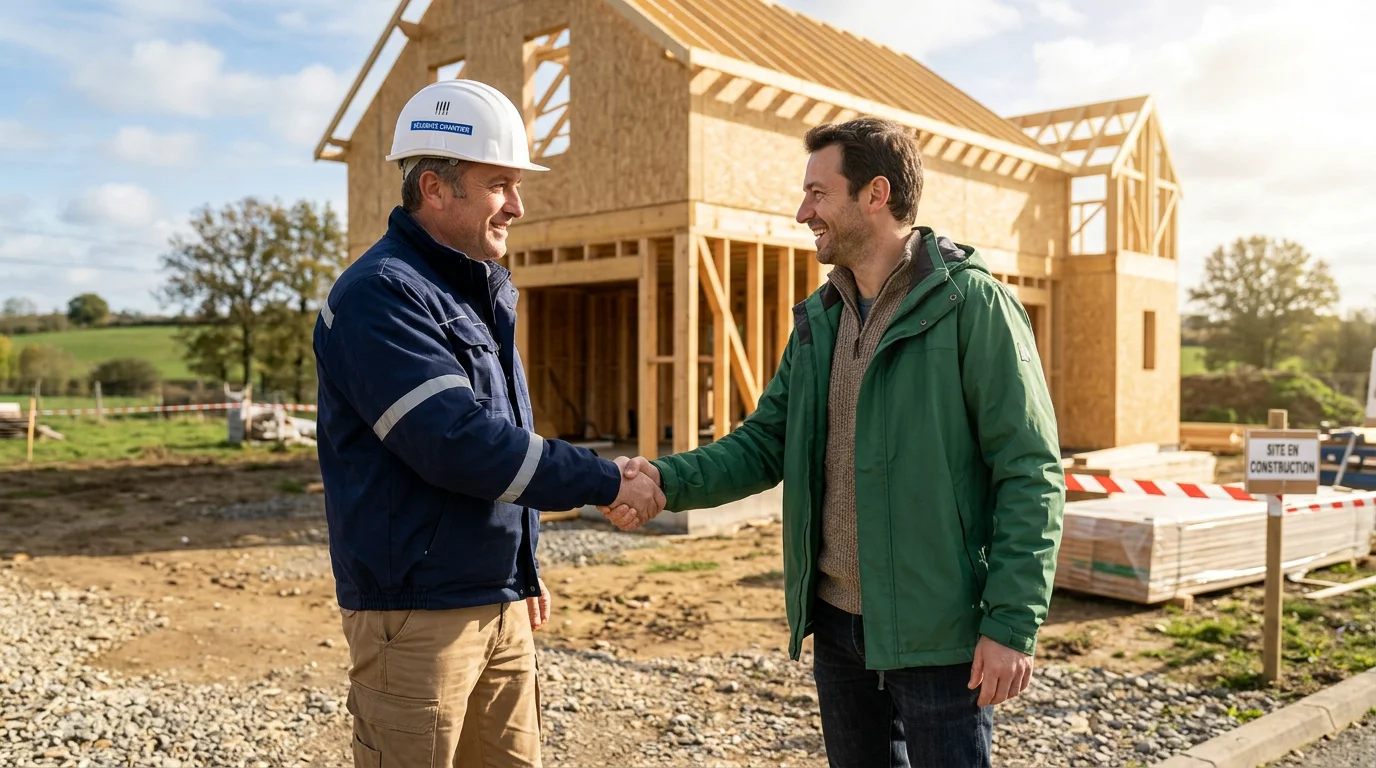 Conducteur de travaux européen serrant la main d'un client sur un chantier de maison
