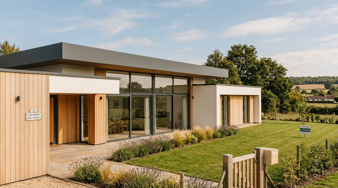 Maison moderne de plain-pied à toit plat avec grandes baies vitrées