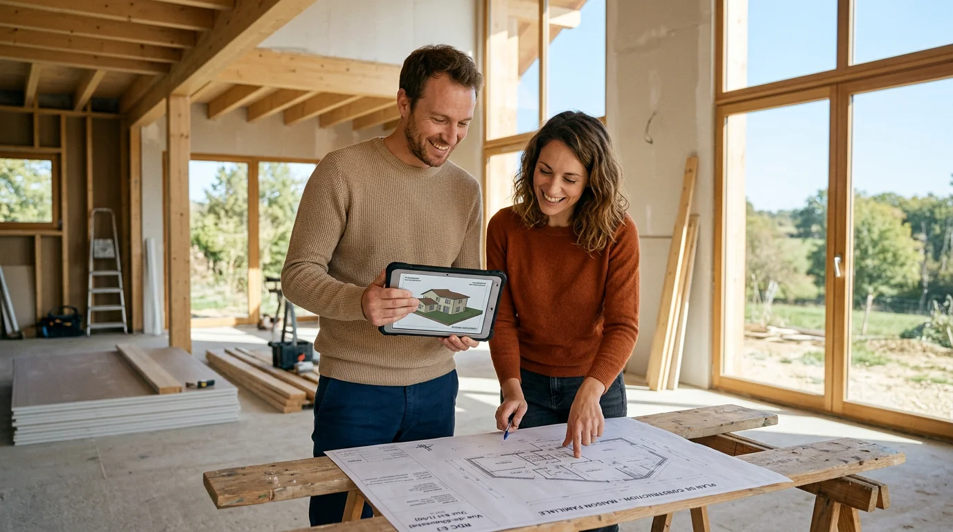 Couple européen consultant les plans de sa future maison moderne