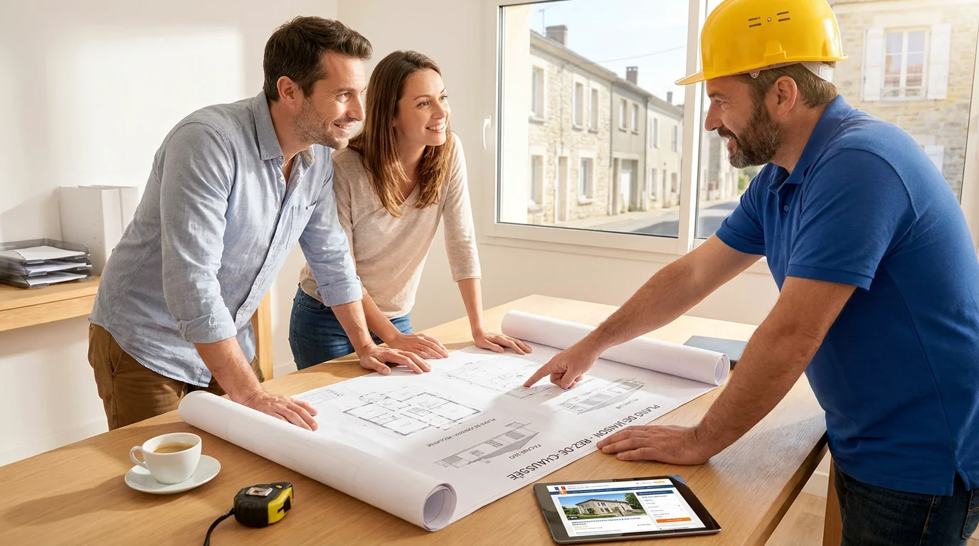 Couple discutant de leur projet de maison individuelle avec un constructeur