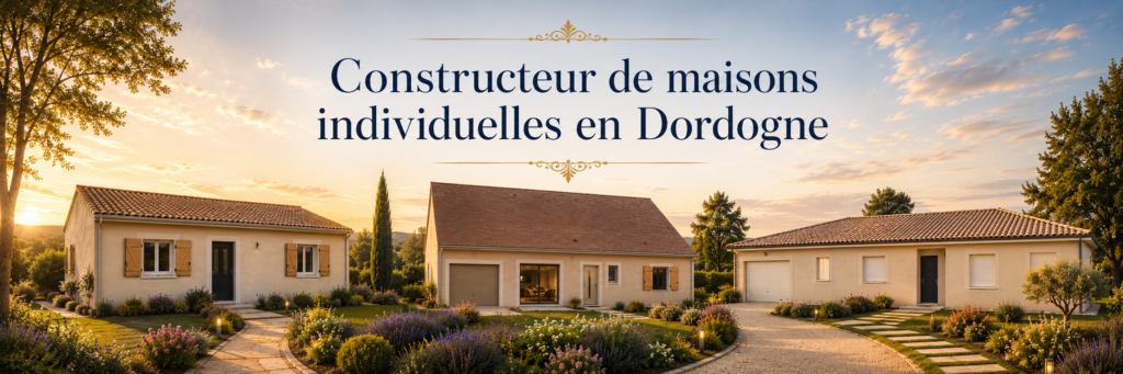 Bandeau présentant trois maisons individuelles en Dordogne pour un constructeur local