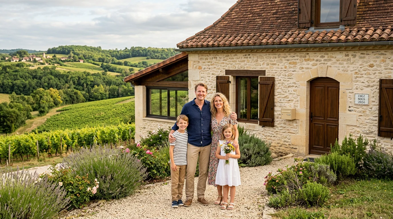 Famille européenne devant une maison neuve dans la campagne du Bergeracois