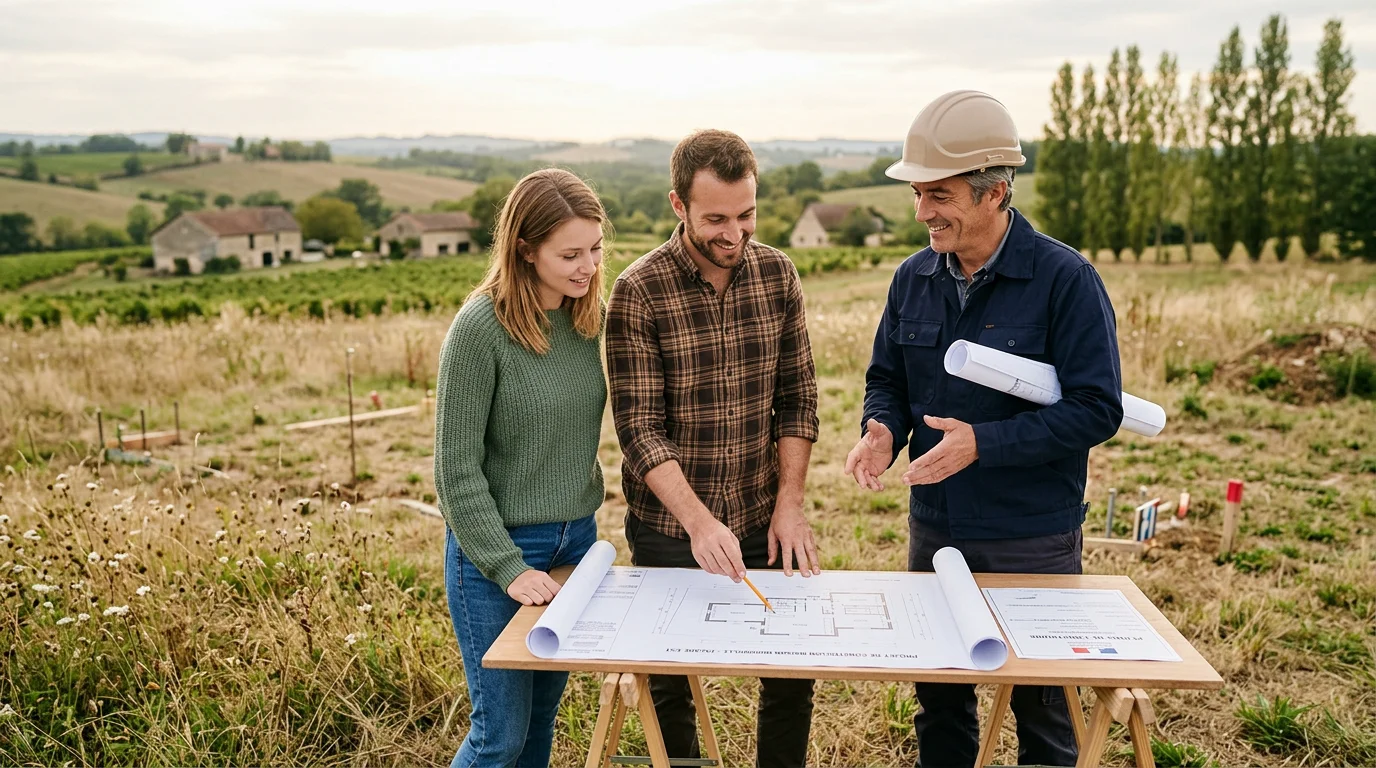 Couple européen examinant des plans de maison avec un constructeur sur un terrain