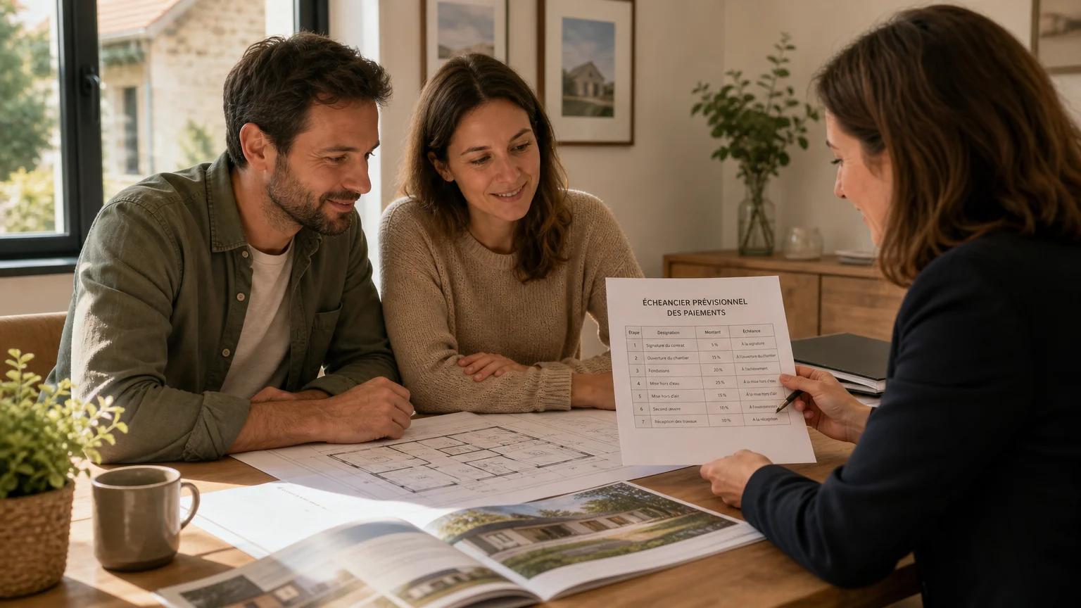 Couple européen examinant un échéancier de paiement pour la construction de leur maison