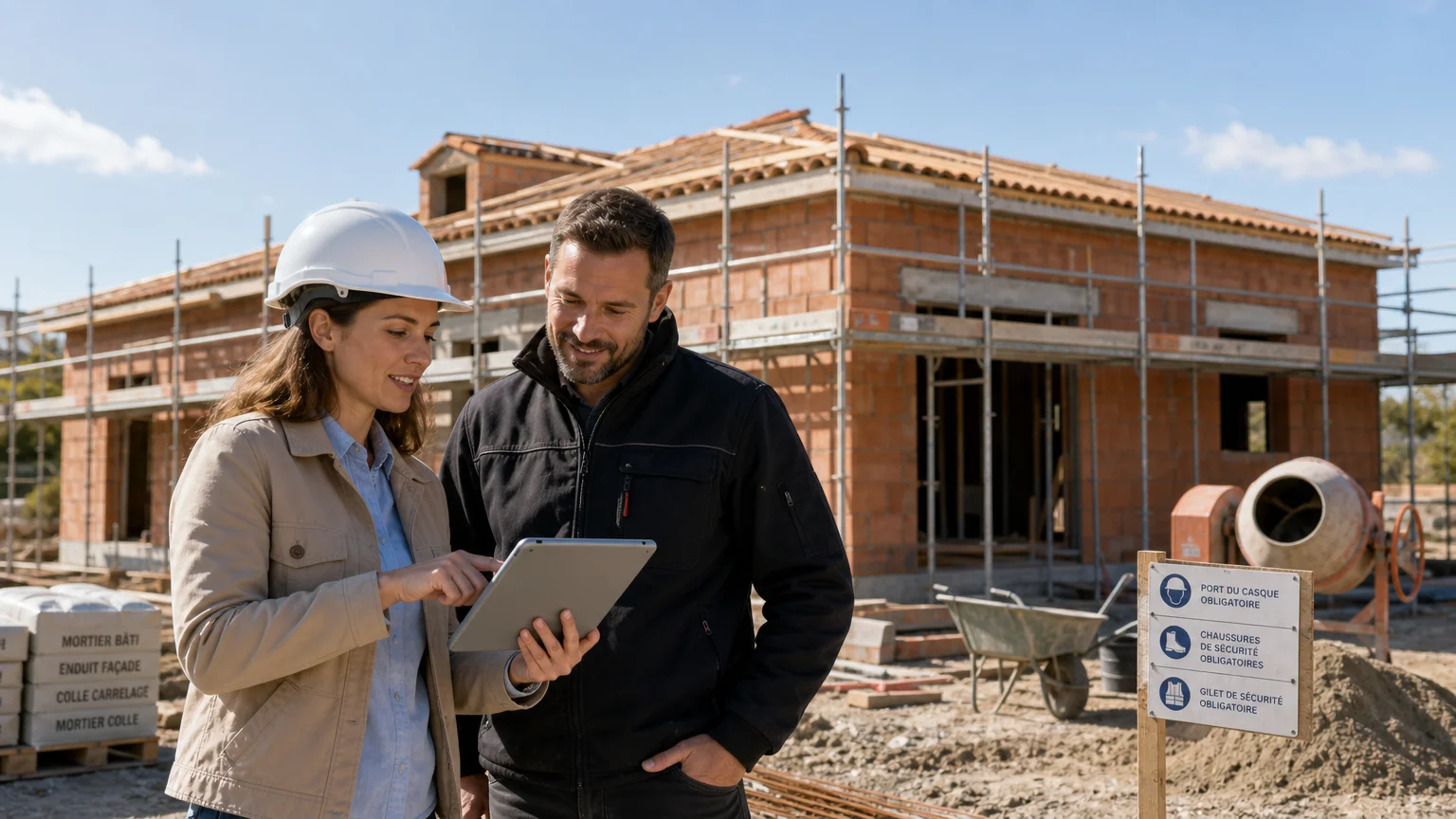 Deux professionnels européens sur un chantier de construction de maison individuelle