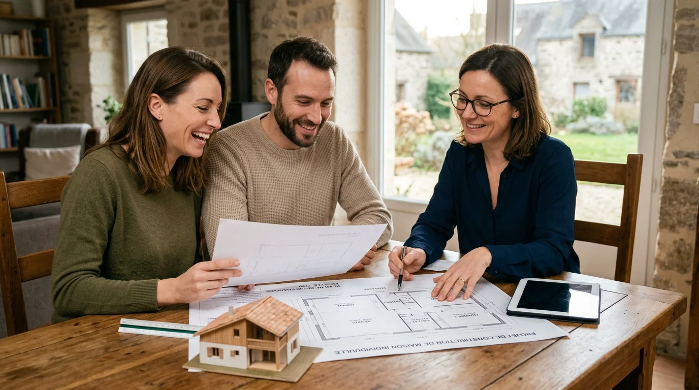 Couple européen étudiant les plans de sa future maison avec un conseiller