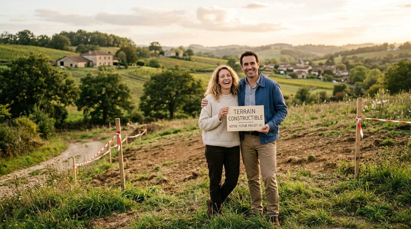 Couple européen visitant un terrain constructible près de Figeac