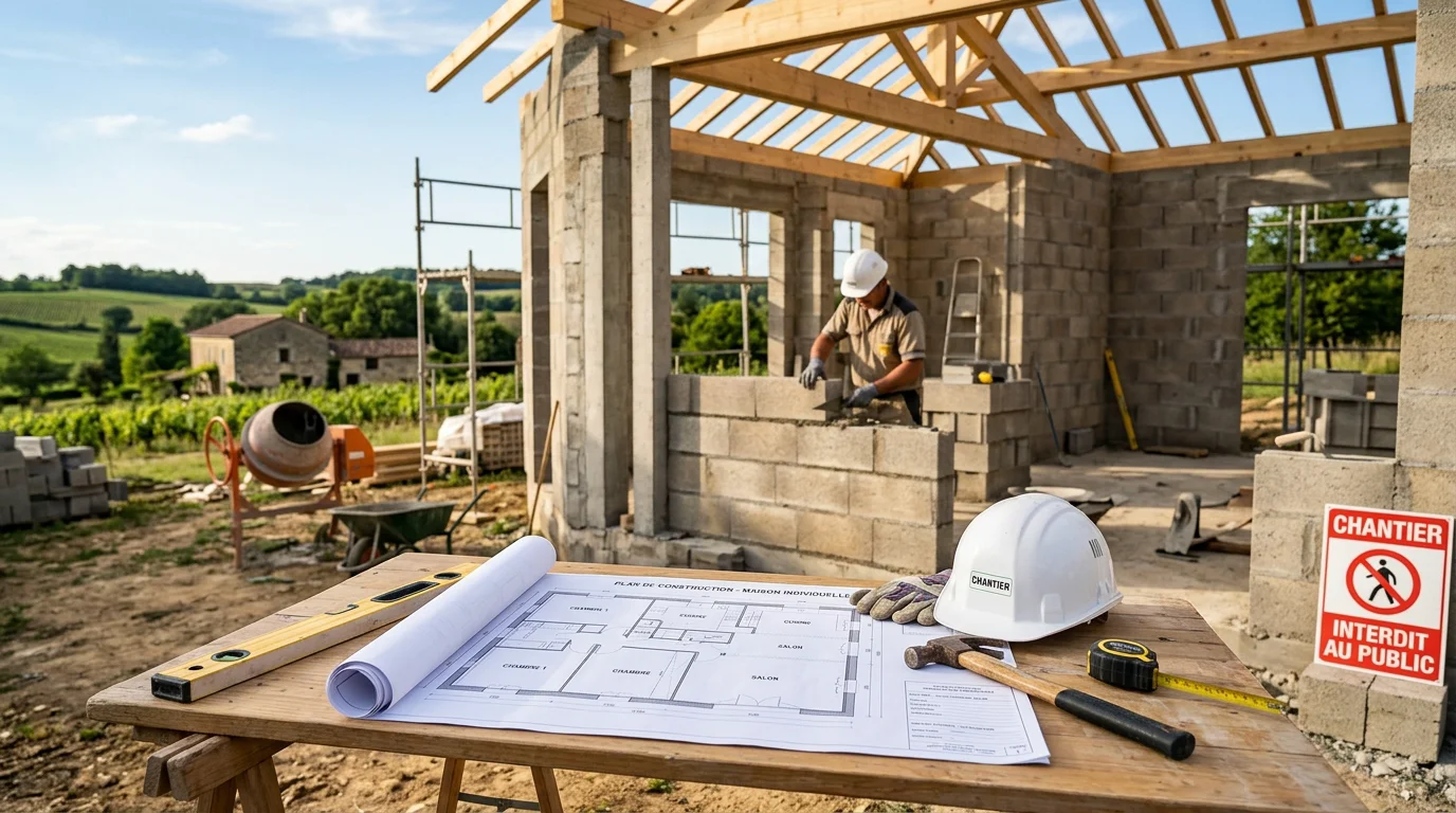 Chantier d'une maison neuve en construction dans le Lot