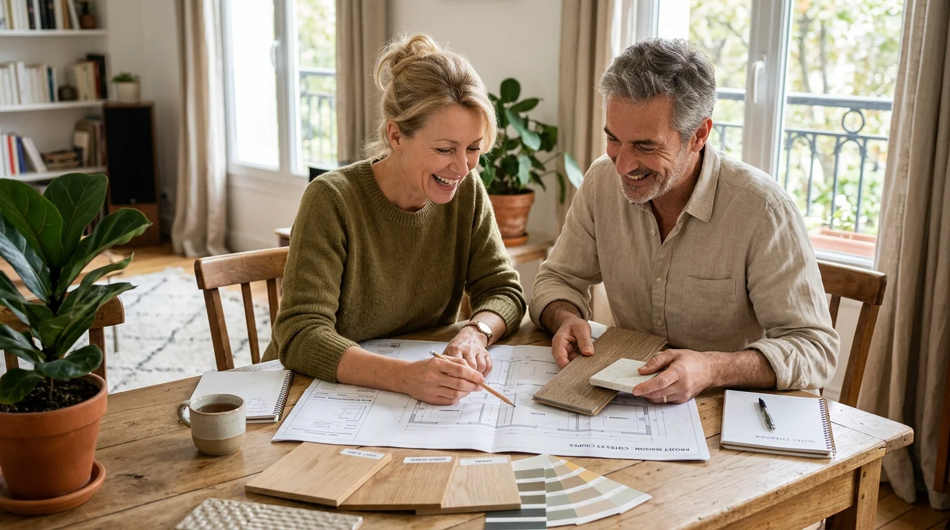 Un couple étudie les plans de sa future maison personnalisée