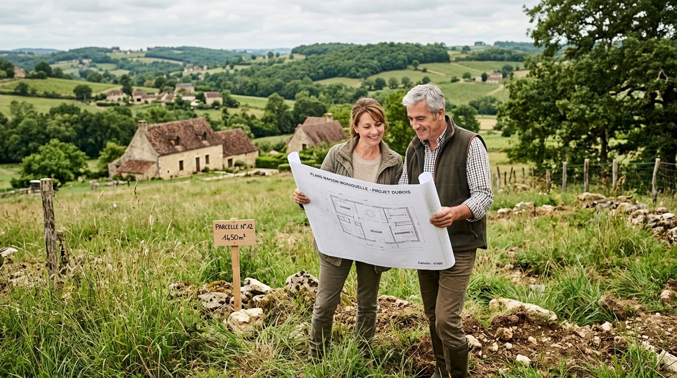 Un couple examine des plans sur un terrain constructible en Périgord Noir