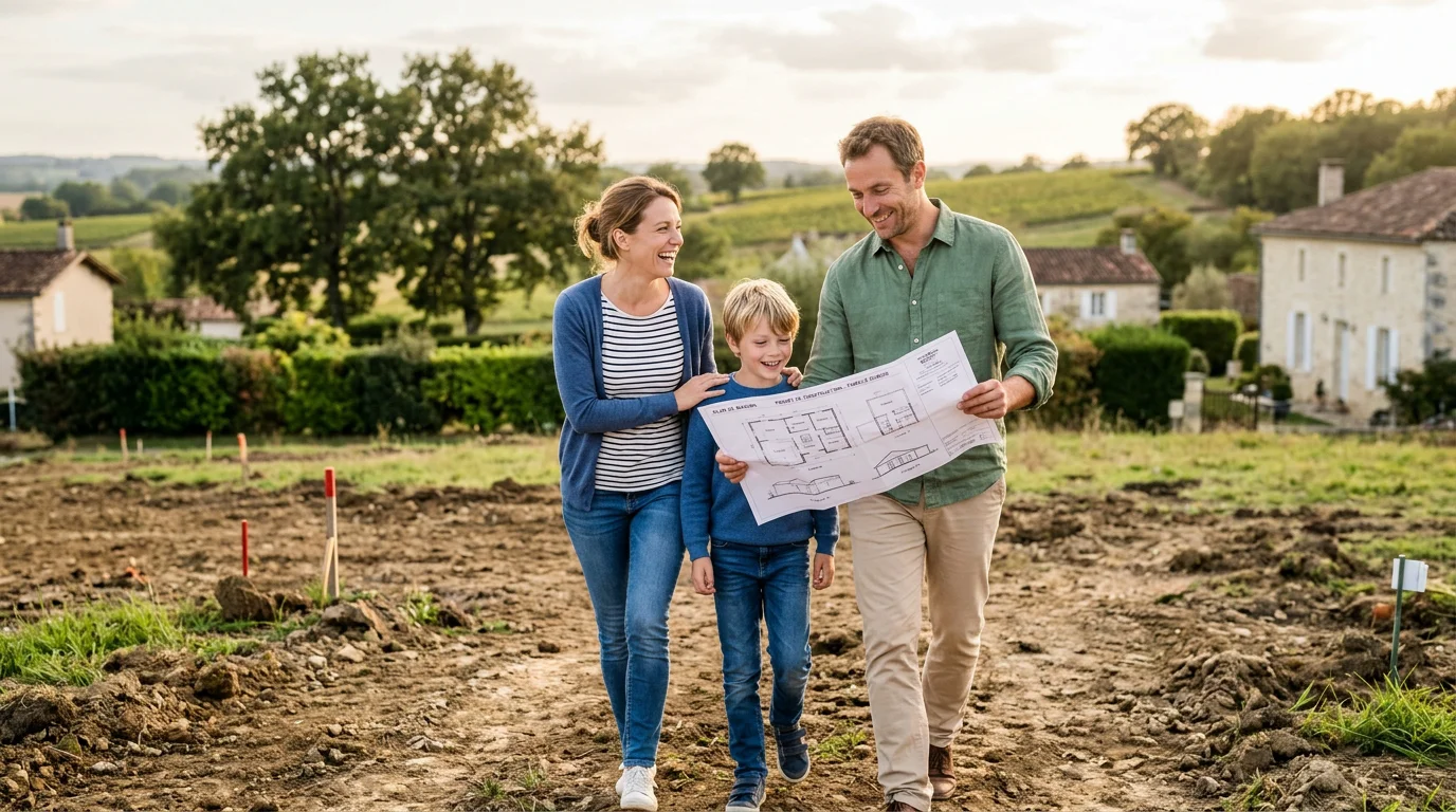 Famille européenne visitant un terrain à bâtir en zone rurale de Gironde