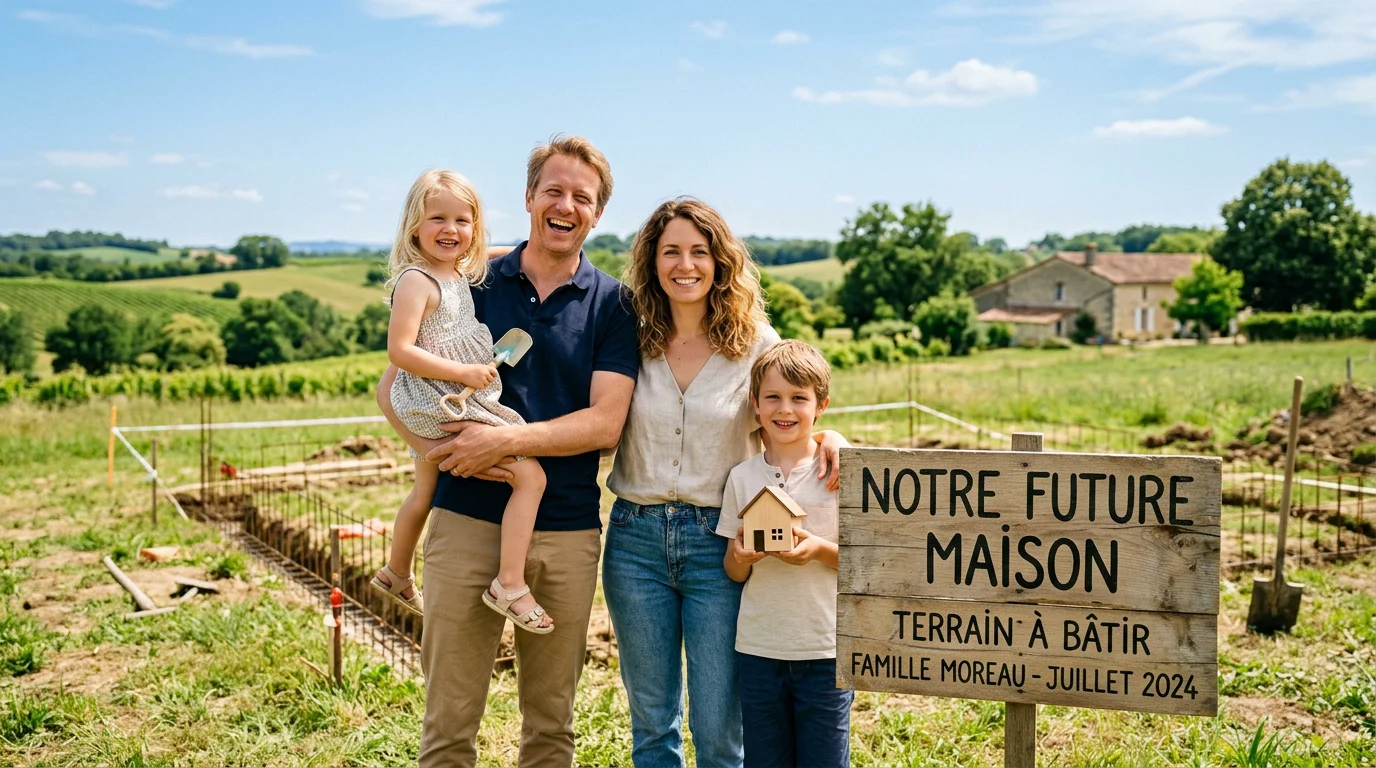 Famille européenne visitant un terrain à bâtir en Lot-et-Garonne