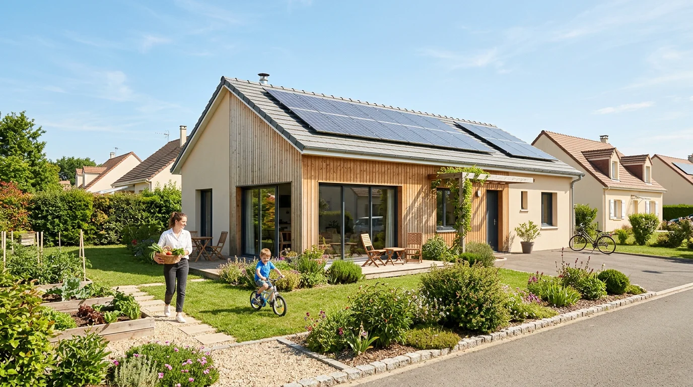 Maison neuve conforme RE2020 avec panneaux solaires et jardin