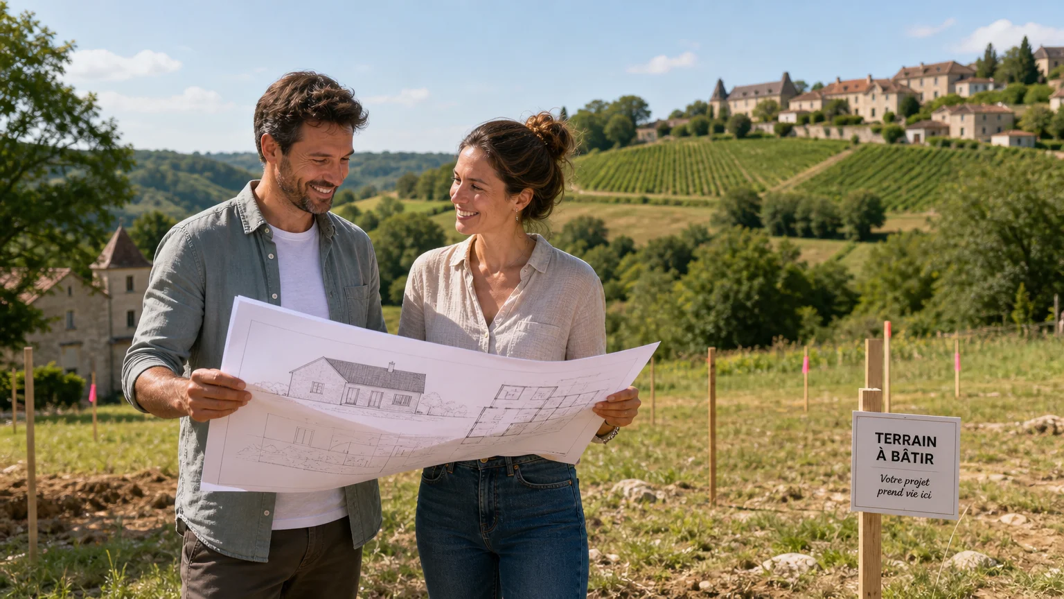 Couple européen étudiant des plans de construction sur un terrain à bâtir dans le Lot