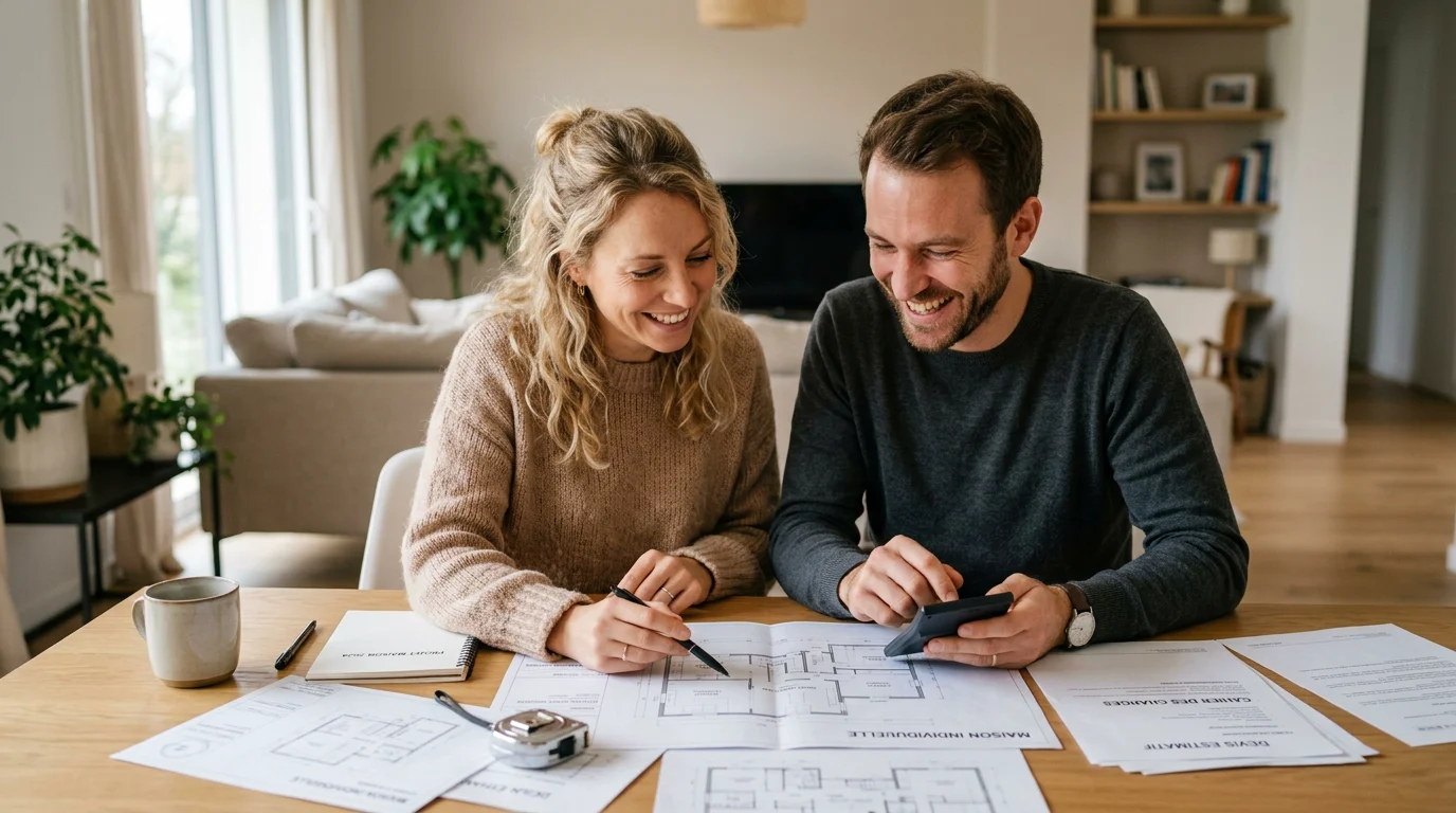 Couple européen établissant le budget de construction de sa maison en Dordogne