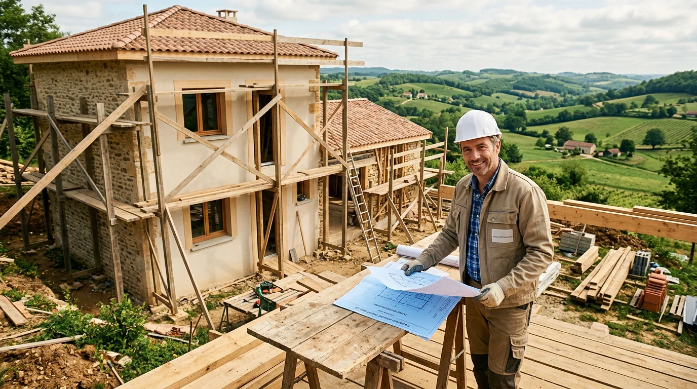Maison neuve en construction dans la campagne du Périgord en Dordogne